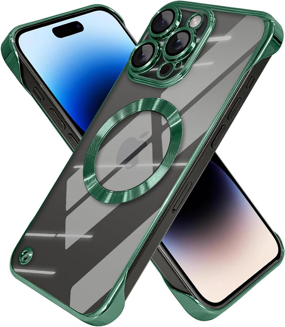 Frameless Magnetic Phone Case Compatible with iPhone 14 Pro Clear Minimalist Case Transparent Clear Plating Green Frameless Design Lens Protects Shockproof Case