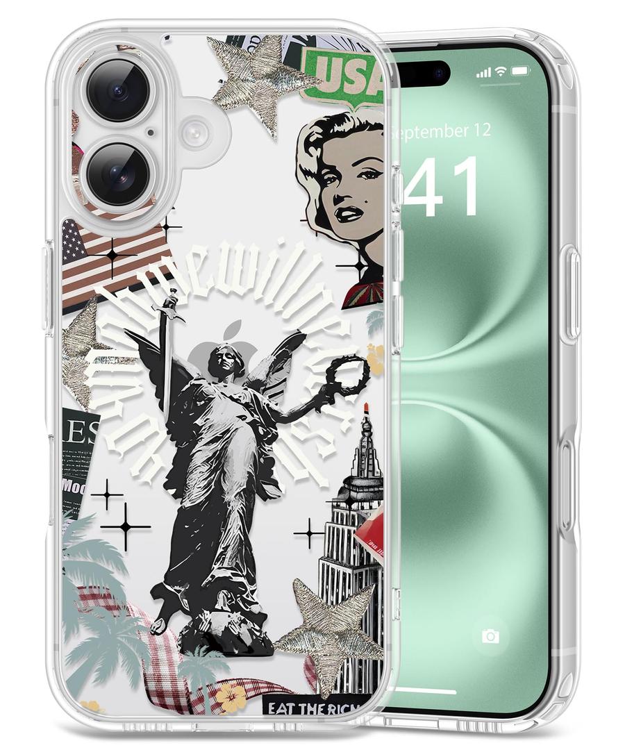 Dibrell for iPhone 16 Case, [Full Camera Protection] [Not Yellowing] [Military-Grade Drop Protection] Cute Clear Slim Shockproof Protective Phone Cover for Women Girls 6.1", Liberty Land/Grey
