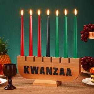 Sliner Kwanzaa Decorations Kwanzaa Candle Holder Kinara Set Driplesstaper 3 Red 3 Green 1 Black Wooden Wood Unity Cup African Holiday Mishumbaa Saba(Classic Style)