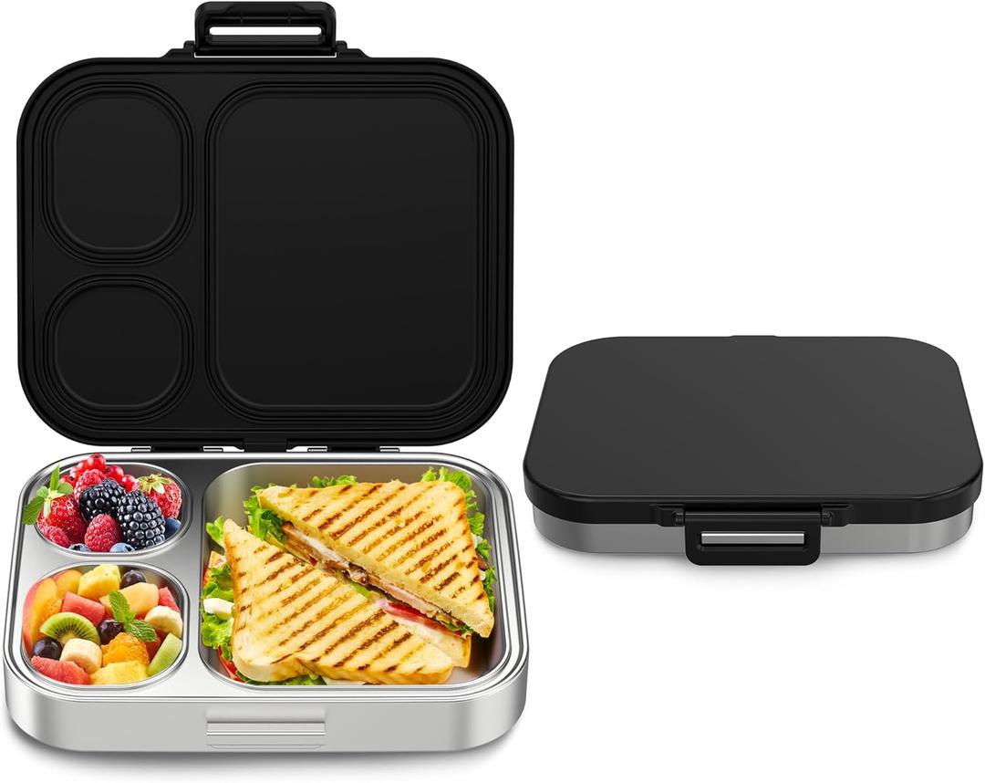 Stainless Steel Bento Box Kids, Leak Proof Metal Bento Lunch Box,3 Compartments 304 Stainless Steel Bento Lunch Containers for School and Office, BPA-Free(Black)