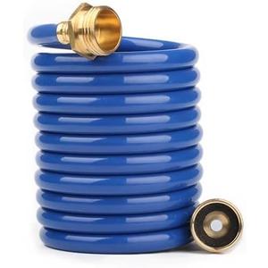 Lightweight Coiled Water Hose: 10ft Curly Hose with 3/4 inch GHT Brass Connectors - 1/2 inch Diameter for Patio Balcony RV Short Range Watering (Blue)