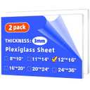 (2 Pack) 12" x 16" Plexiglass Sheets 1/8 inch Thick (3mm), Clear Acrylic Sheets Panel Cut to Size Plexiglass Acrylic Board, Cut with Engraver, Power Saw or Hand Tools, No Laser Cut.
