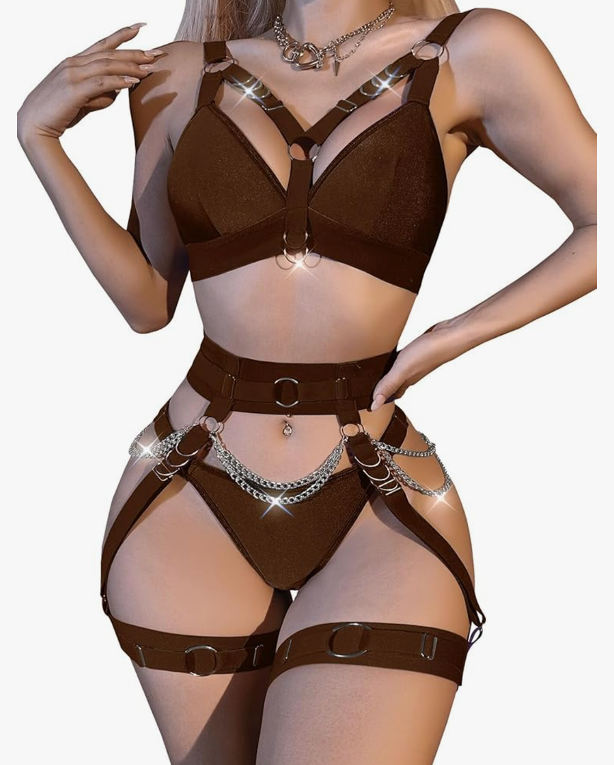 Lilosy Sexy Chain Strappy Garter Belt Women Lingerie Set Rave Outfits, Size L