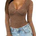 Saslax Women's Lace Bodysuit Sexy Deep V Neck Long Sleeve Body Suits Thong Slim Fit Double Lined Y2K Going Out Tops XXL