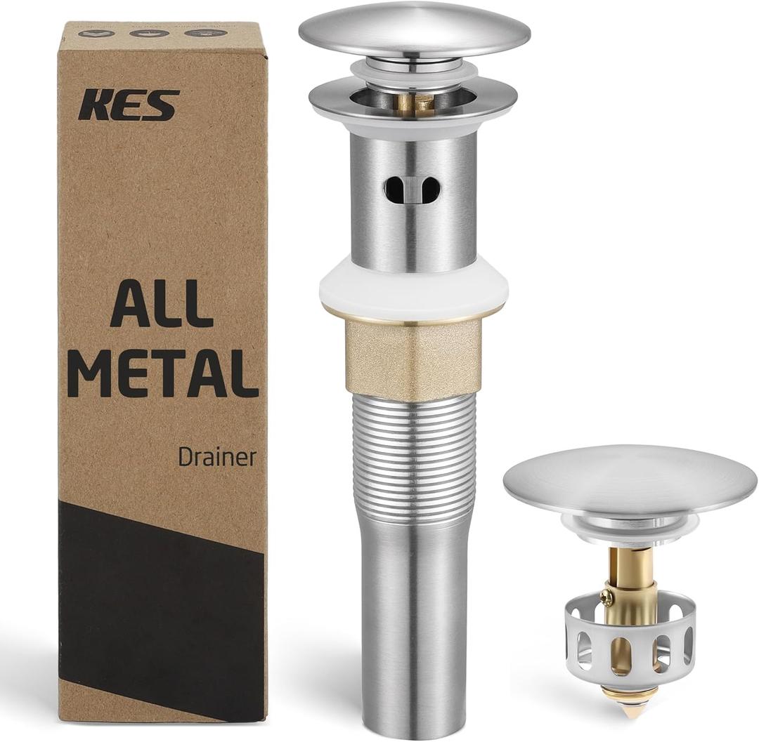 KES All Metal Bathroom Sink Drain with Strainer Basket Hair Catcher Anti Clog Pop Up Drain Stopper for Vanity Vessel Sink with Overflow, Rustproof 18/8 Stainless Steel Brushed Nickel S2013A-BN