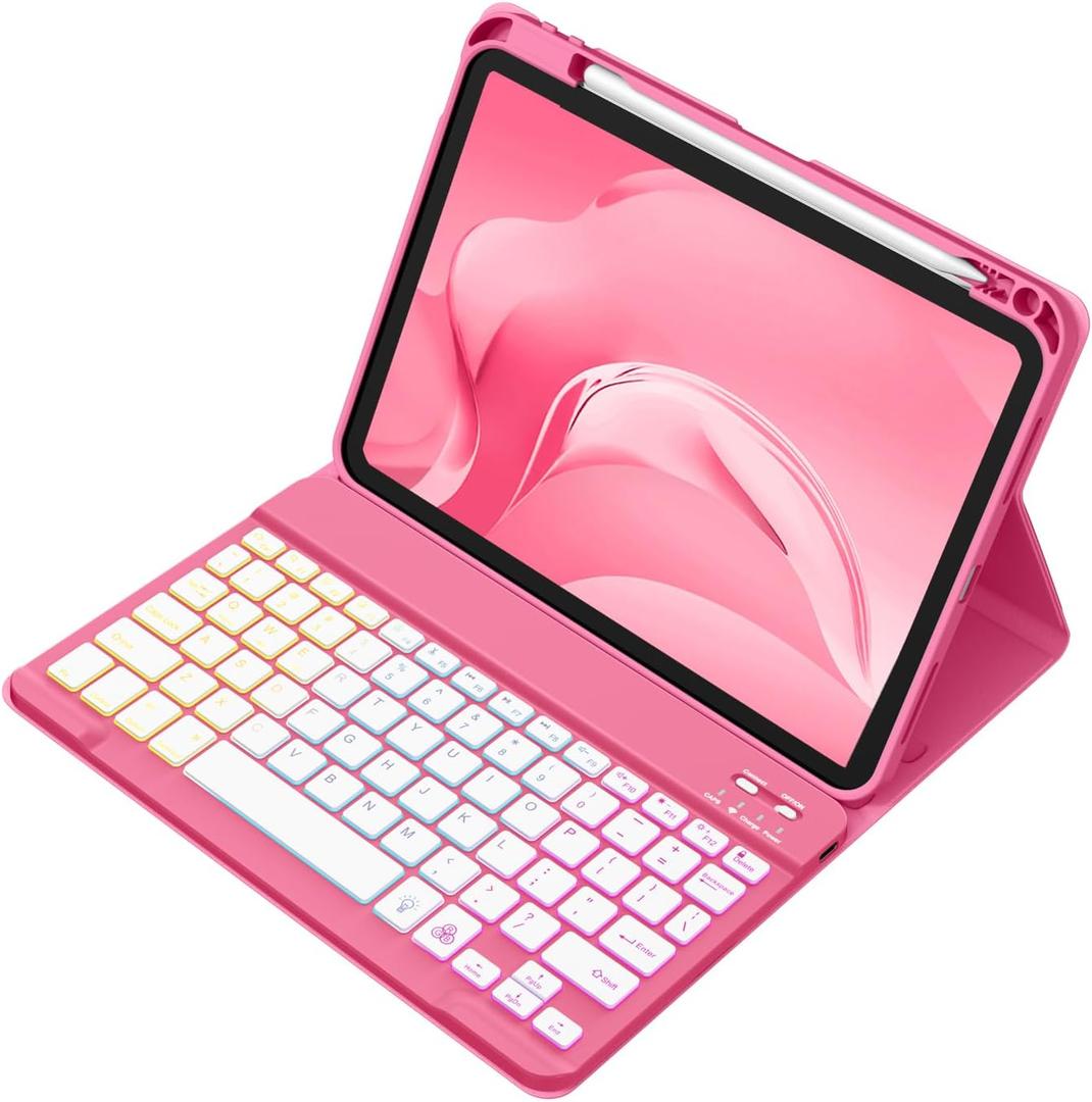 Akkerds for iPad A16 Case with Keyboard - 7 Colors Backlit Keyboard for iPad 10th Generation/iPad Air 11 Inch -Wireless Folio Cover for iPad Air 10.9 Inch/iPad Pro 11 Inch 2022/2021/2020-ShinyPink