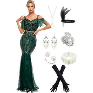 1920s Sling Offer Shoulder Tassel Flapper Fringe Long Mesh Mermaid Hem Dress Gatsby w/Accessories Set (XL, Green)
