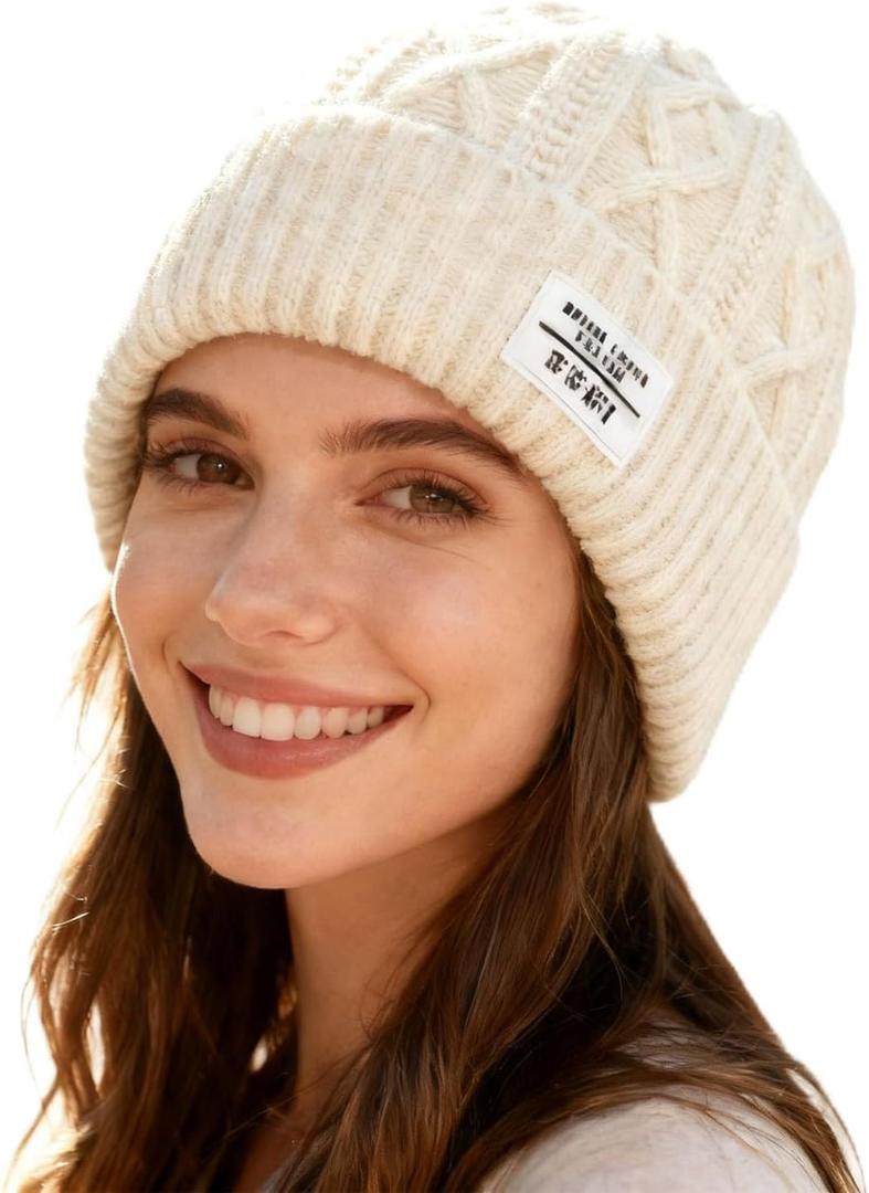 Womens Winter Knitted Beanie Hat Knit Warm Fleece Lined Beanie Knit Chunky Womens Snow Cap (Beige)