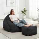Bean Bag Chair with Ottoman for Adults, Large Corduroy Bean Bag Couch, Boneless Chaise Lounge Reading Chair with High-Resilience Foam, Floor Lounger for Bedroom Living Room (Black)