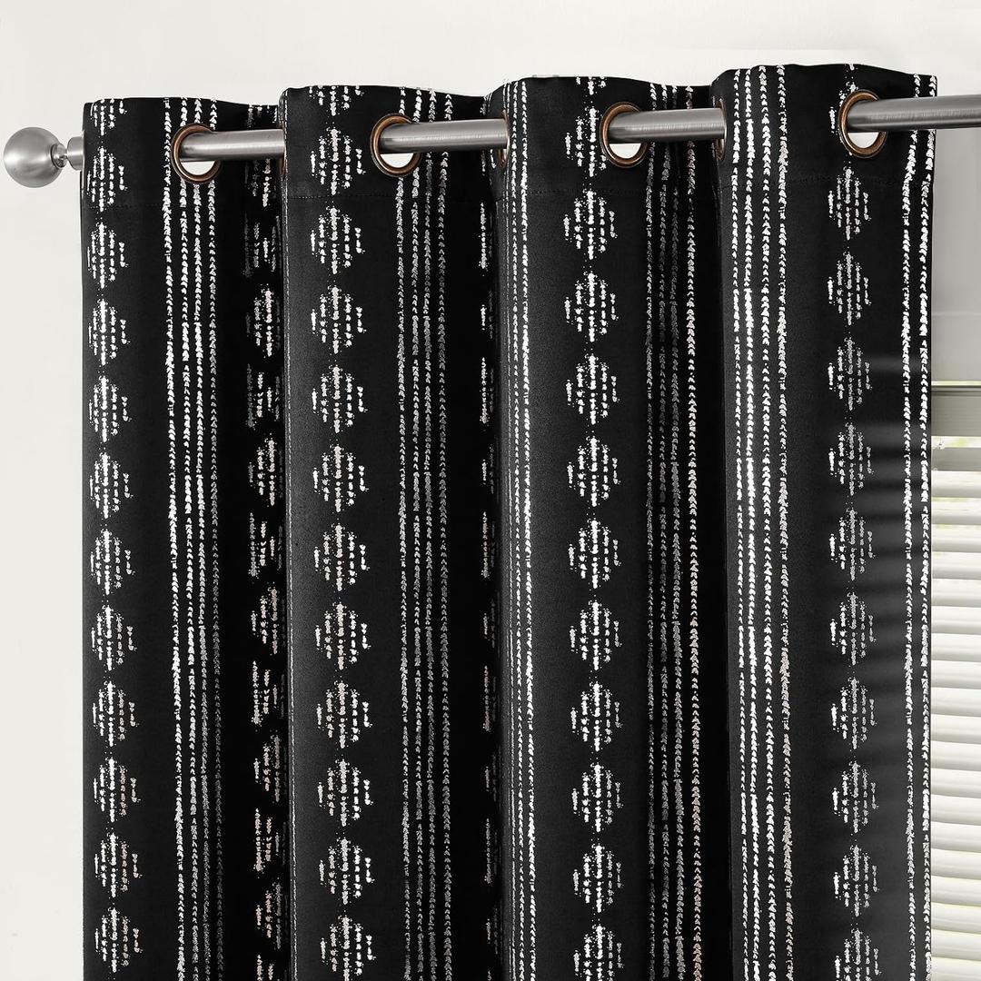 jinchan 100% Blackout Boho Curtains 84 Inches Long for Bedroom Living Room Silver Geometric Foil Printed Grommet Top Room Darkening Thermal Insulated Window Drapes Black 52x84 2 Panels (52"W x 84"L (Pack of 2), Boho | Silver on Black)