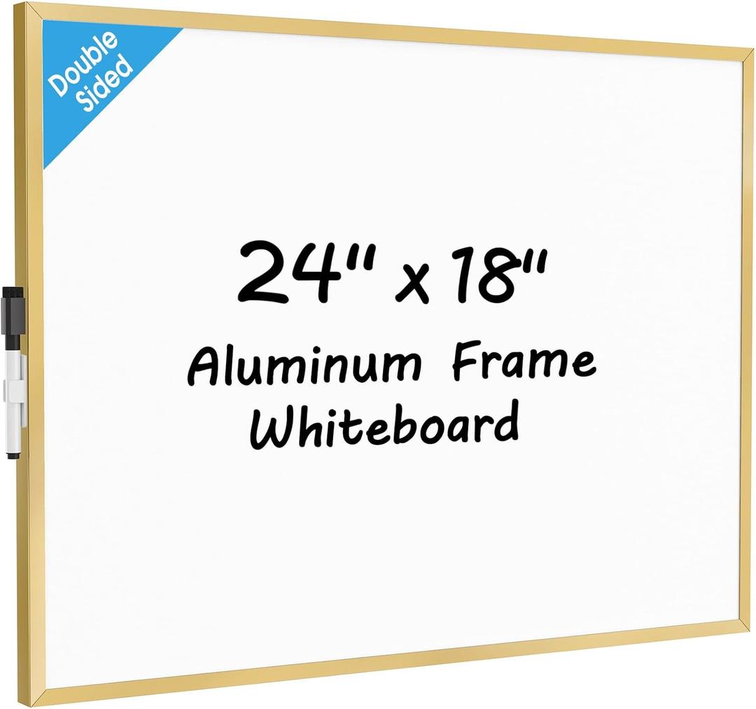 MaxGear Magnetic Dry Erase Board, 24" x 18" Double Sided White Board for Wall, Large Whiteboard with a Black Dry Erase Marker, Gold Aluminum Frame Magnetic Whiteboard for Home, School, Office (24"W x 18"H)
