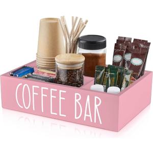 ALELION Coffee Station Organizer - Wood Countertop Accessories Organizer with Removable Dividers for Pods Condiment Syrup Tea Cups Stirrers - Pink Decor for Kitchen Coffee Bar