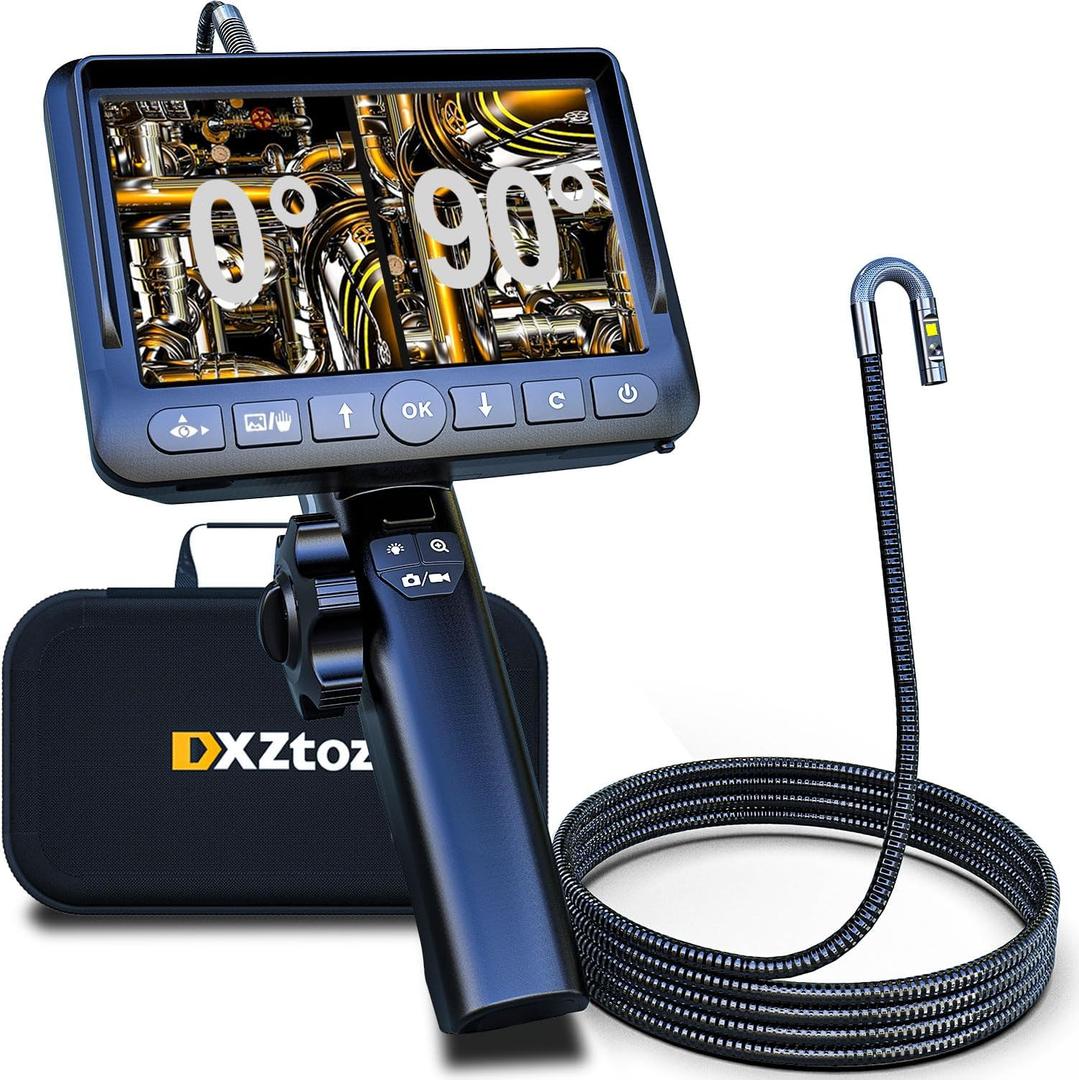 DXZtoz Dual-Lens Articulating Borescope, Engine Endoscope with 0.33in Two-Way Articulated Snake Camera, 5'' Dual Screen, 1080P Inspection Camera with Light for Automotive Home Mechanics-5FT