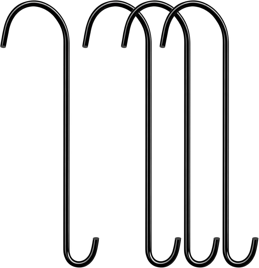 3 Pack 18 Inch S Hooks for Hanging Plants, Heavy Duty Metal Extension Hangers for Bird Feeders Wind Chimes Flower Baskets Black Vinyl Coated Rustproof Garden Hooks
