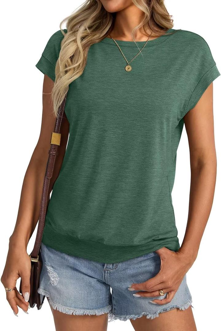 Micticsi Womens Crewneck Cap Sleeve T Shirts Banded Bottom Top Loose Fit Short Sleeves Tee Casual Summer Basic Tops 2026 (Green, M)