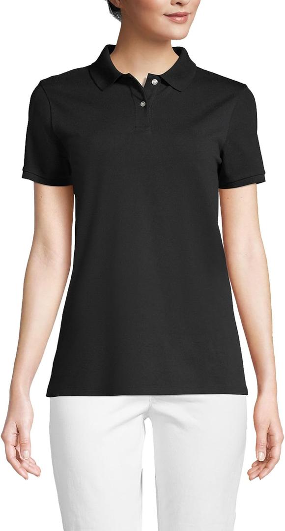 Lands' End Women's Mesh Cotton Short Sleeve Polo Shirt (Large Petite, Black)