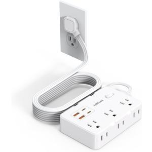 Flat Plug Power Strip Surge Protector, 5ft Ultra Thin Extension Cord with 4 USB Wall Charger(2 USB C Port), 6 Widely-Spaced Outlets Power Strip Compact for Travel, Office, Dorm Room Essentials (White)