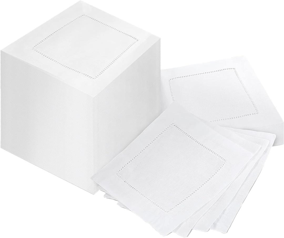 80 Pcs Linen Cocktail Napkins Bulk 6 x 6 Inch Cloth Hemstitch Fabric Napkins for Party Wedding Bar Beverage Coffee Dessert (White)
