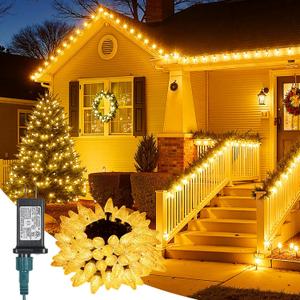 C9-Christmas-Lights-Outdoor,88FT 110LED String Lights with 8 Lighting Mode,Waterproof Connectable UL Certified Warm White C9-Led-Christmas-Light-Decorations for House Yard Patio Roof Garden Decor