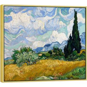 Wieco Art Framed Canvas Art Wheat Field with Cypresses by Van Gogh Impressionist Landscape oil Paintings Canvas Prints Artwork Wall Art for Living Room Home Office Decorations (24.2L" x 20.2W")