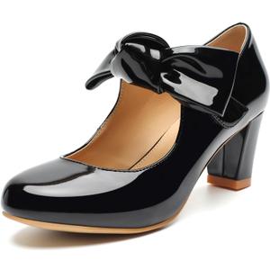 Womens Mary Jane Pumps - 2 Inch Mid Chunky Block Heels with Bow, Round Toe Patent Leather Ankle Strap Dress Shoes for Wedding, Office, Cosplay, Size 9