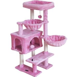 KIYUMI Cat Tree Cat Tower Condo with Sisal Scratching Post for Indoor Cats Cat Tree Cat Furniture with Hammock Perch and Kitten Ball Toys, Multi-Level Pet Activity Center Pink (39")