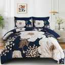 Luxudecor Floral Queen Comforter Set 7 Pieces Bed in a Bag, White Flower Print on Navy Blue Bedding Set, Soft Reversible Comforter with Sheet Set 90"x90"