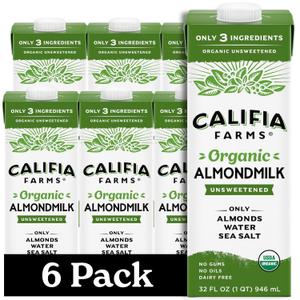 Califia Farms - Organic Unsweetened Almond Milk, 32 Oz (Pack of 6), Dairy Free, Vegan, Plant Based, Keto, Vegan, Gluten Free, Non GMO, USDA Organic, Best By: 18 AUG 2026