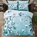 Luxudecor Floral Comforter Set Full Size 7 Piece, Aqua Flower Bed in a Bag, Elegant Gradient Floral Comforter with Sheet Set, Soft Seersucker Microfiber Bedding Set for All Season (Aqua, 80"x90")