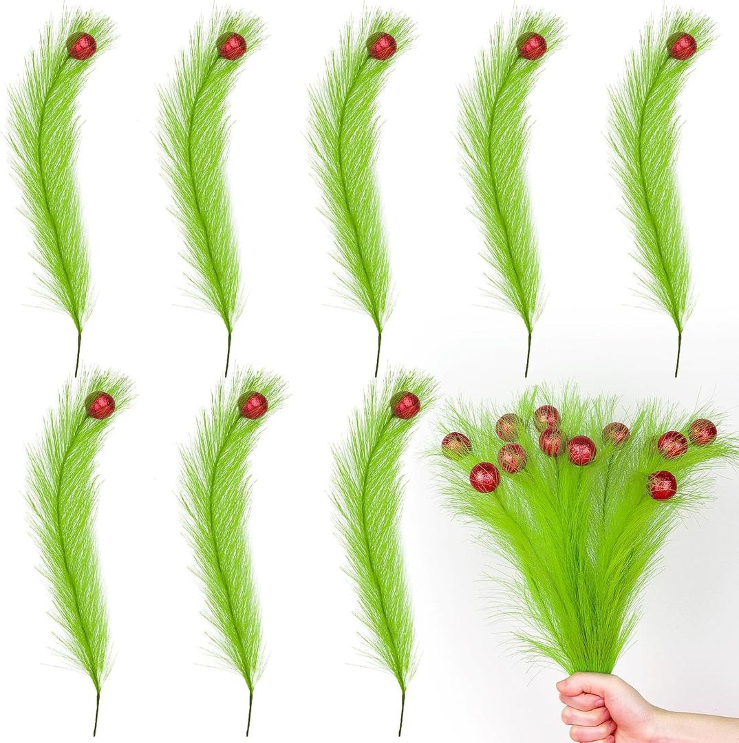 12 Pcs Christmas Tree Topper 17" Fluffy Christmas Tree Decorations with Red Ball, Xmas Artificial Green Stems for Christmas Home Wreath Craft Decoration Supplies Xmas Decor