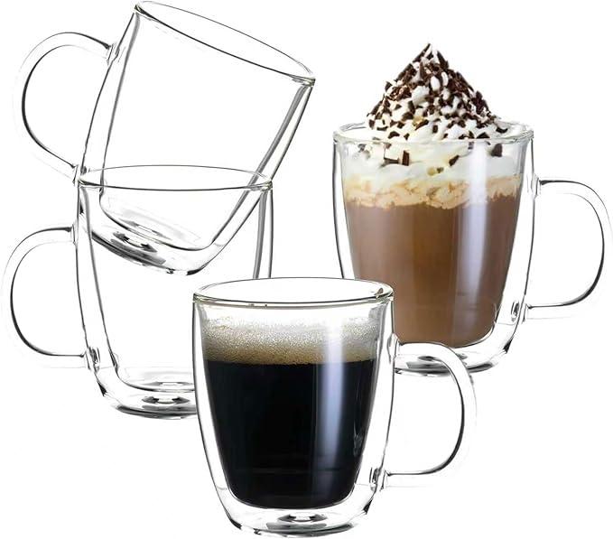 Double Wall Insulated Glass Coffee Mugs set of 4-13 oz Clear Hand Blown Glass Coffee Cups with Handle for Cappuccino, Latte,Espresso,Tea Bags,Americano,Beverages, Gifts for Christmas