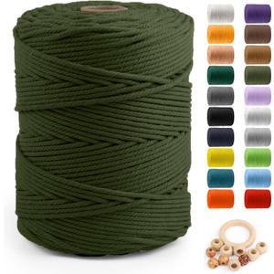 Macrame Cotton Cord 5mm x 328yds, ZUEXT Natural Handmade Army Green Braided Cords 4 Strands Knitted Rope String for Craft Wall Hanging Weaving Tapestry Dream Catchers Hanger DIY Gift (300m)