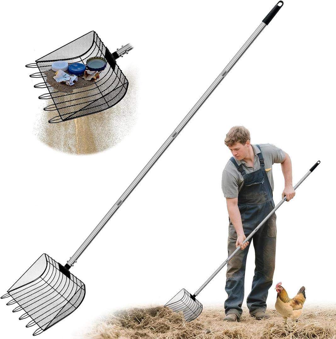 Chicken Poop Scooper & Rake, Stainless Steel Coop Scoop for Sand, Litter Sifting Shovel for Chickens, Adjustable Length 27" to 64" (10.1" Wide)