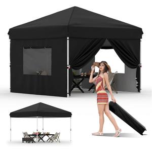 10X10 Pop Up Canopy Tent with 4 Sidewalls, Heavy Duty Commercial Instant Shelter, One-Person Quick Setup Outdoor Party Tent, Water-Resistant & Portable for Outdoor Events, Camping, Black