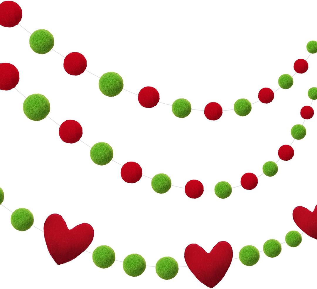 Tatuo 3 Pieces Christmas Wool Felt Ball Garland Colorful Pom Pom Garland 8.2 Feet Red and Green Felt Ball Heart Pompom Banner for Wall Home Office Christmas Tree Decorations