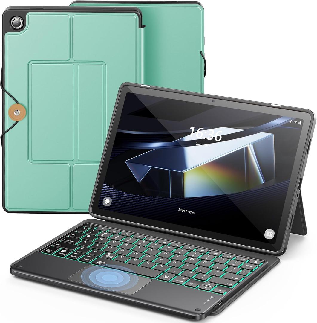 INFILAND Keyboard Case for Samsung Galaxy Tab A9 Plus 5G with 7-Color Backlight & High Precision Trackpad, Slim and Portable Detachable Folder Style Keyboard Case for Tab A9 11 inch (05-Mint Green)