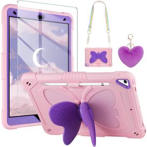 WESADN for iPad 9th Generation Case 8th 7th Gen 10.2 inch with Screen Protector/Butterfly Kickstand/Lanyard/Keychain Rugged Case with Pencil Holder for Kids Girls Cover for iPad 10.2 Case Pink Purple