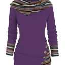 DRESSFO Women's Tribal Stripe Hooded Knit Top – Long Sleeve Pullover Sweatshirt with Mock Button Detail (Purple/2X)