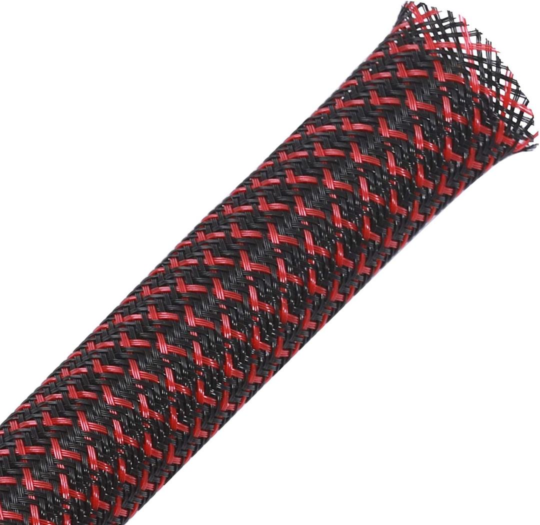 25ft - 3/4 inch PET Expandable Braided Sleeving  BlackRed  Alex Tech Braided Cable Sleeve