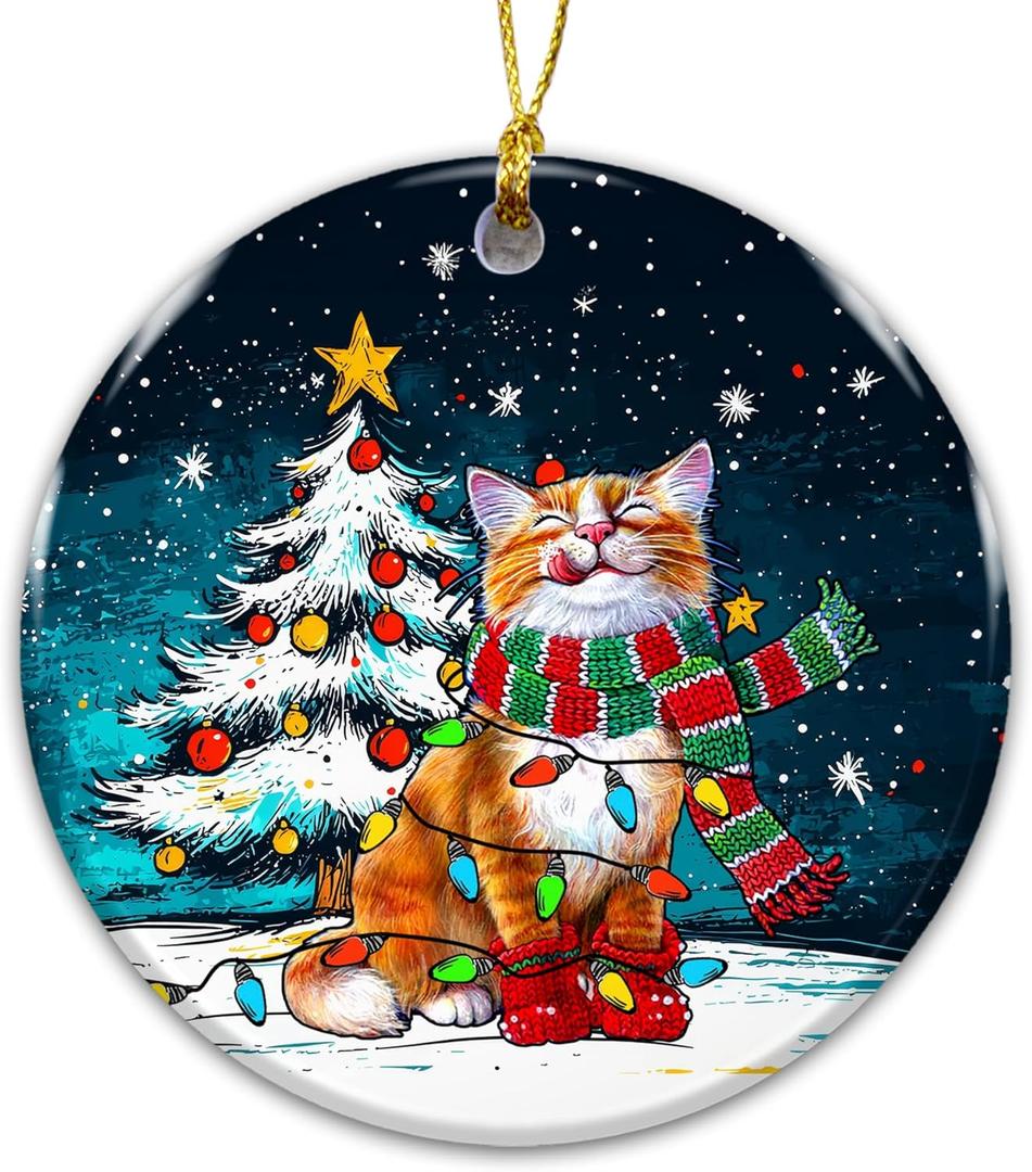 6 x Cat Ornament 2025  Cute Ceramic Holiday Decoration with Festive Cat in Scarf and Christmas Tree  Funny Pet Lover Gift  Rustic Farmhouse Xmas Tree Dcor