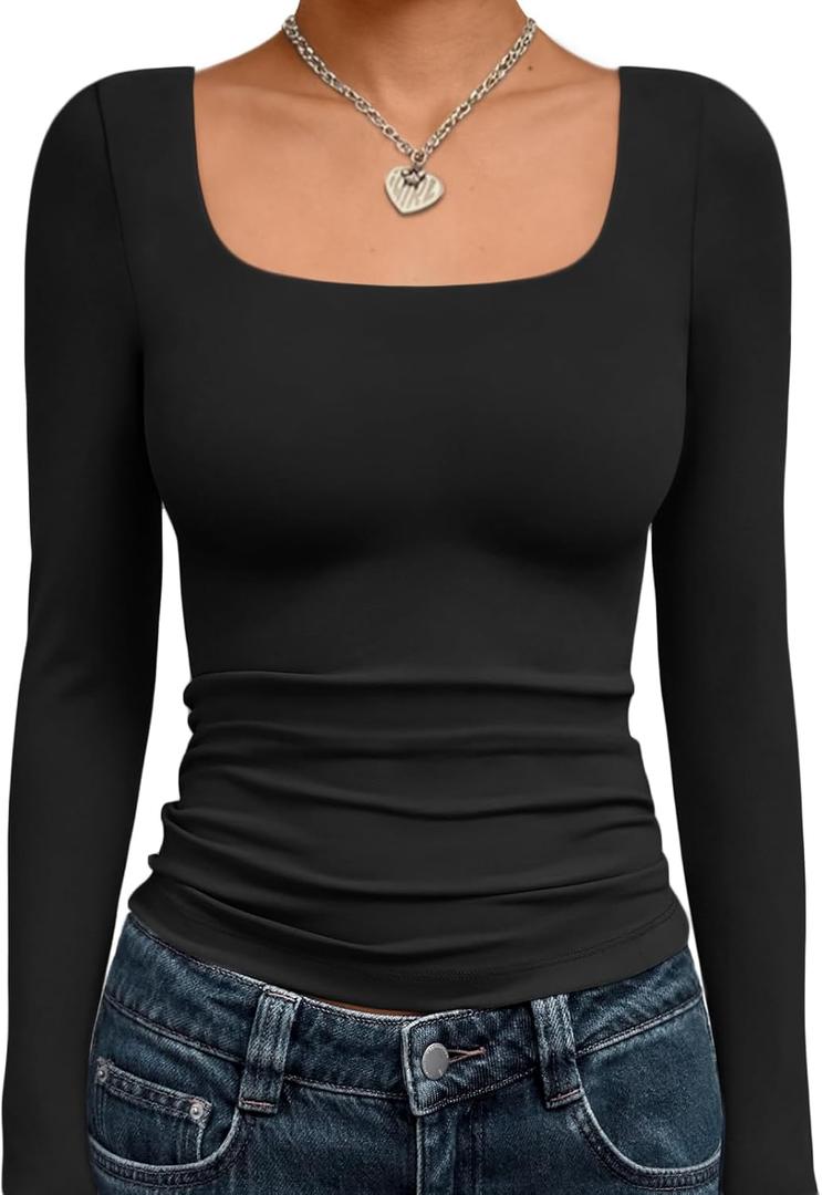Trendy Queen Womens Square Neck Long Sleeve Shirts Double Lined Slim Fit Tops Y2K Going Out Basic Tees (Large, Black)