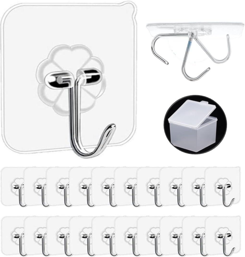 Adhesive Hooks, 20 Packs, 33lbs/15kg Premium Heavy Duty Wall Ceiling Hooks for Hanging, Damage Free, Clear Sticky Hanger for Kitchen, Bathroom Shower Outdoor Use.
