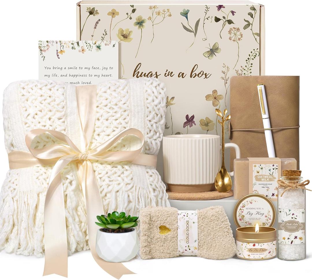 Birthday Gifts for Women, Get Well Soon Self Care Package Box, Sending Hug Baskets Thinking of You Inspirational Gift for New Mom Best Friend Birthday (Ivory)
