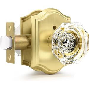 Transparent Glass Door Knobset Interior,Privacy Diamond Crystal Door Lockset in Satin Brass/Gold,Keyless for Interior Bath/Bed,Push Pin Button Inside Lock, 1 Pack