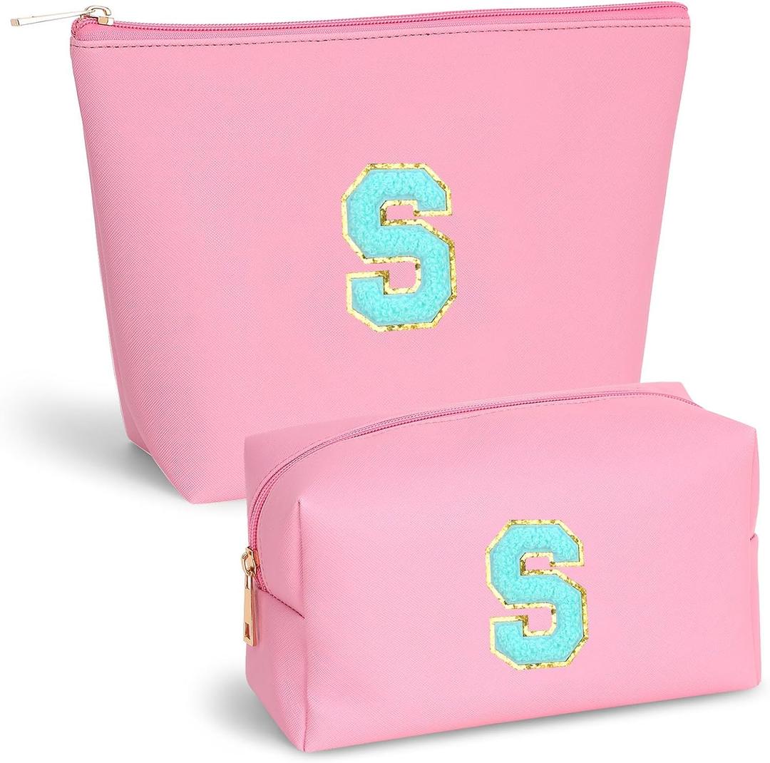 Initial Makeup Bag Set for Women, Personalized Letter Cosmetic Bags, Pink Zipper Makeup Pouch Set, Travel Toiletry Organizer, Birthday Gifts for Girls, Teens & Women