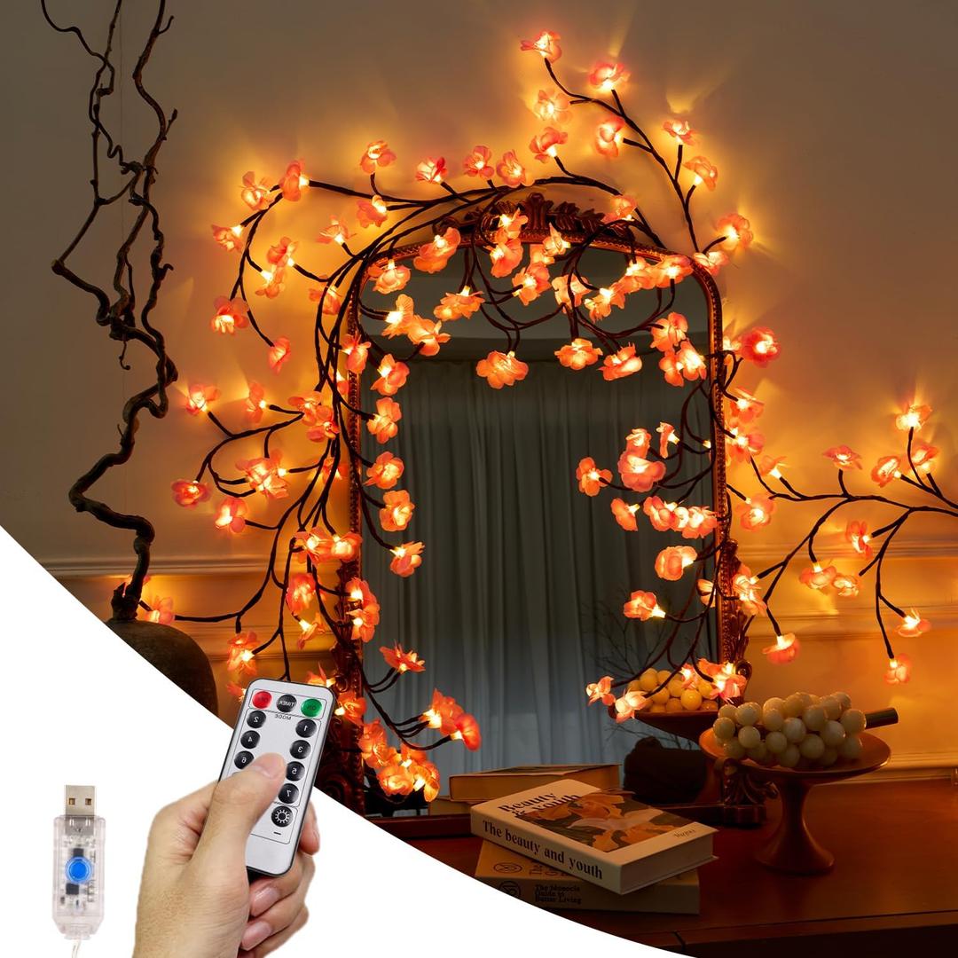 Cherry Blossom Lights with Remote, 7.5FT 144 LED Lighted Willow Vine for Wall Bedroom Decor, 18 Branch Pink Flower Vine Lights with 8 Modes, Timer & Memory Function, Home Holiday Decoration