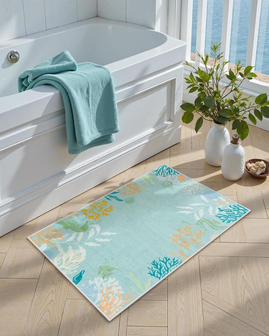 Seavish Coastal Area Rug 2x3, Small Aqua Green Underwater Theme Rug, Low Pile Non Slip Modern Nautical Entryway Rug, Washable Indoor Ocean Throw Rugs for Bathroom Kitchen Sink Laundry Doormat