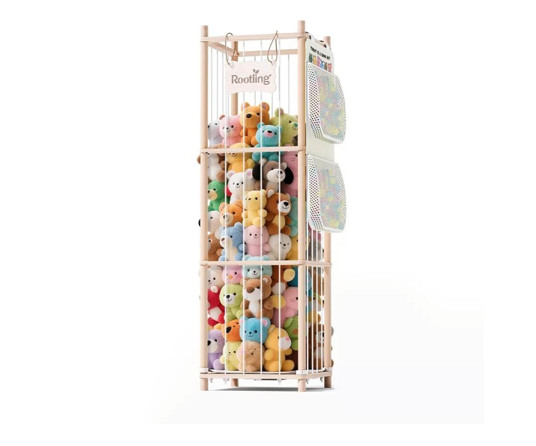 Stuffed Animal Storage & Organizer, 54 inch Tall Wooden Cute Zoo Toy Holder w/Building Block Storage Bag, Premium Wooden Material with Elastic Cord For Toddler Rooms, Playrooms & Bedrooms