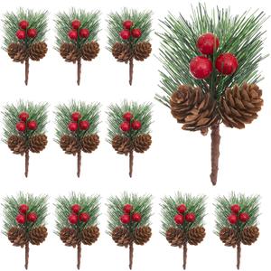 12pcs Christmas Floral Picks, Artificial Pine Pick Christmas Pinecone Berry Pick Stems Pine Tree Needles Branches Decoration for Xmas Tree DIY Craft Flower Arrangements Wreaths Party Supply
