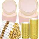 350PCS Pink Plastic Dinnerware Set, Disposable Party Plates for 50 Guests, Include: 100 Pink and Gold Plastic Plates, 50 Pre Rolled Napkins with Gold Silverware, 50 Cups for Wedding, Christmas